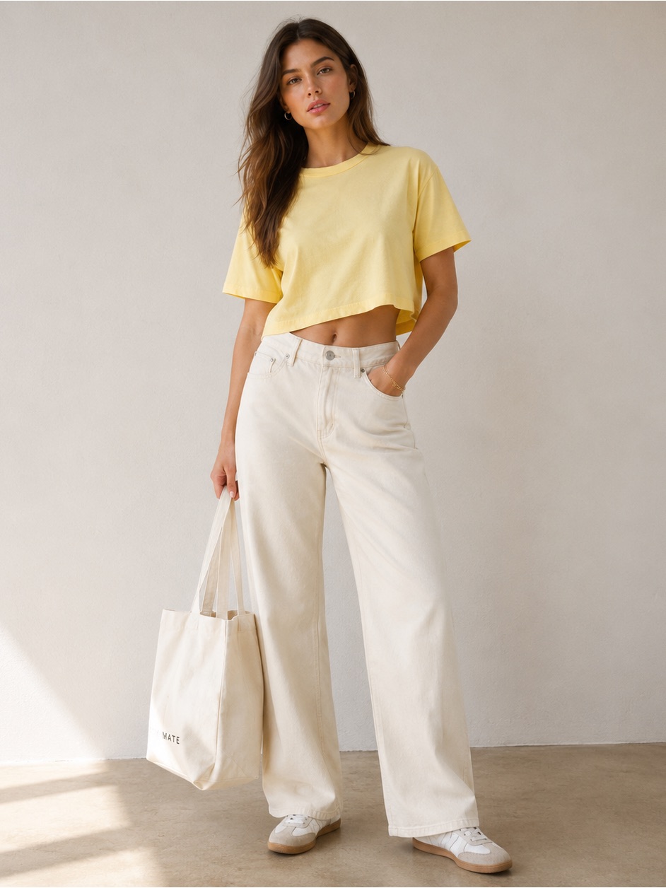 Mate The Label Organic Cotton Crop Tee Yellow Boxy T-Shirt Nwt Size L
